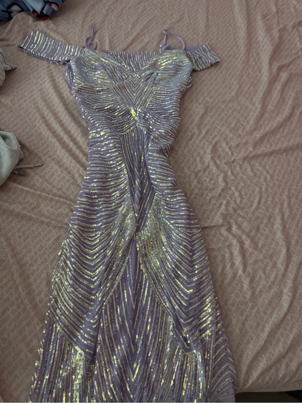 Macy's Iridescent Lavender Sequin Off-Shoulder Prom Dress